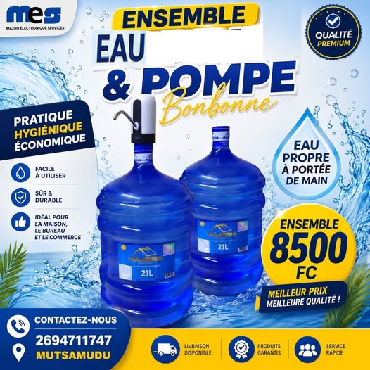 ENSEMBLE 2 BONBONNES D'EAU ET 1 POMPE RECHARGEABLES A 8500 FC